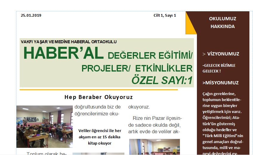 Pazar Haberal Vakfı Yaşar ve Medine Haberal Ortaokulu E-Dergi çalışmalarına Başladı